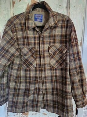 Pendleton 100% Virgin Wool Plaid Shirt Men's Medium Brown Blue Made In The USA